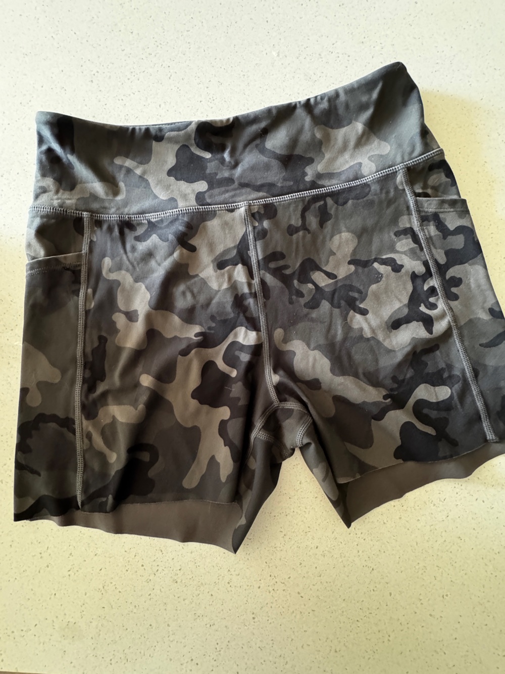 ZYIA Active Shorts — Camo/Charcoal & White Accent